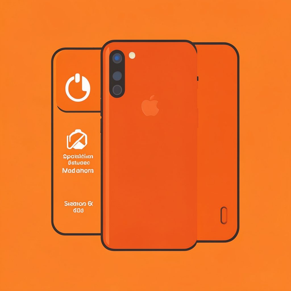 Flat vector illustration of a mid-range smartphone with specification labels, in orange and grey tones