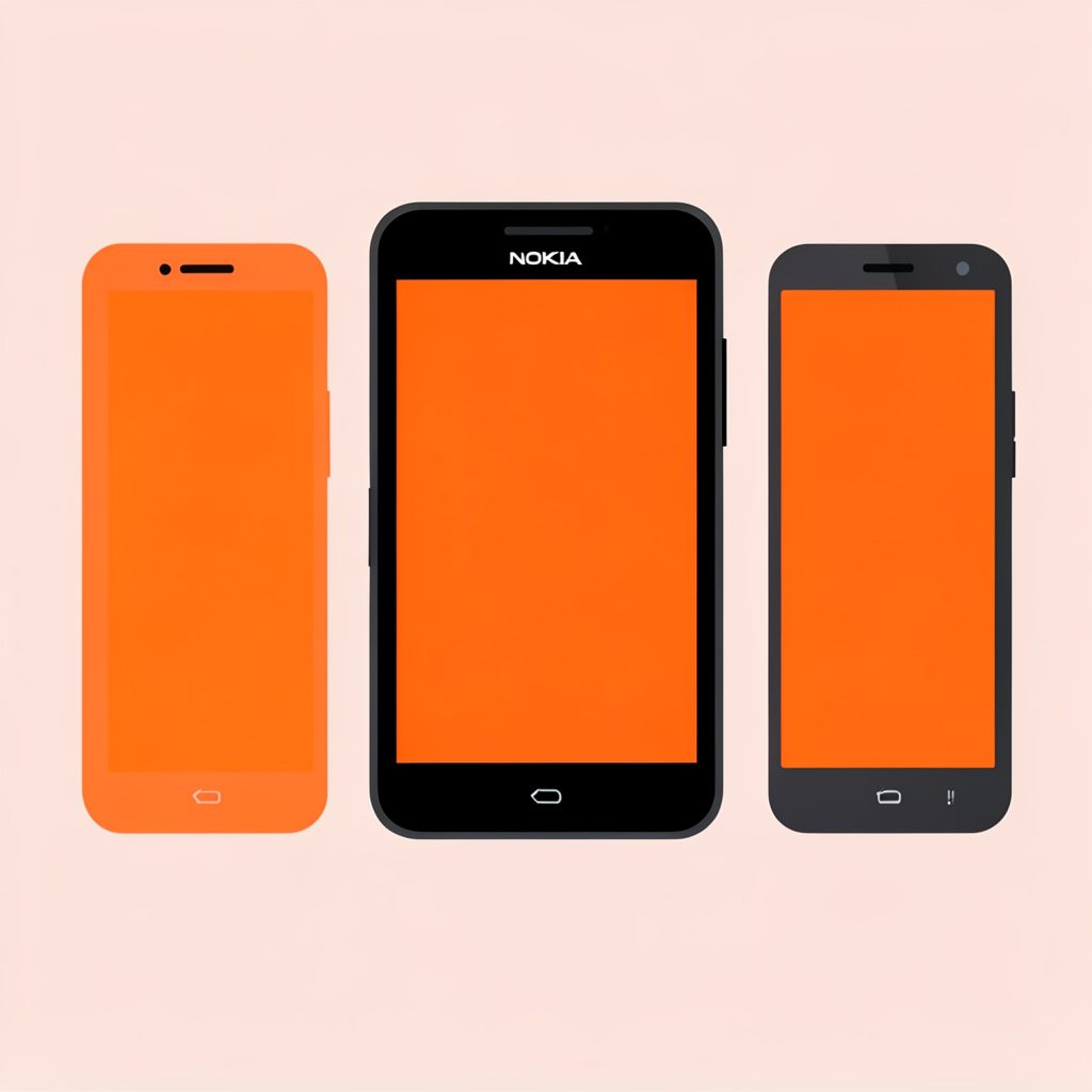 Flat vector illustration of an abstract smartphone lineup in dark charcoal with orange highlights, suggesting a product range.