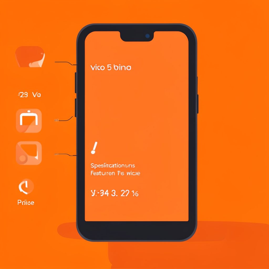Flat vector illustration of a smartphone with camera specifications icons around it, in orange and dark charcoal tones, tech-review mood