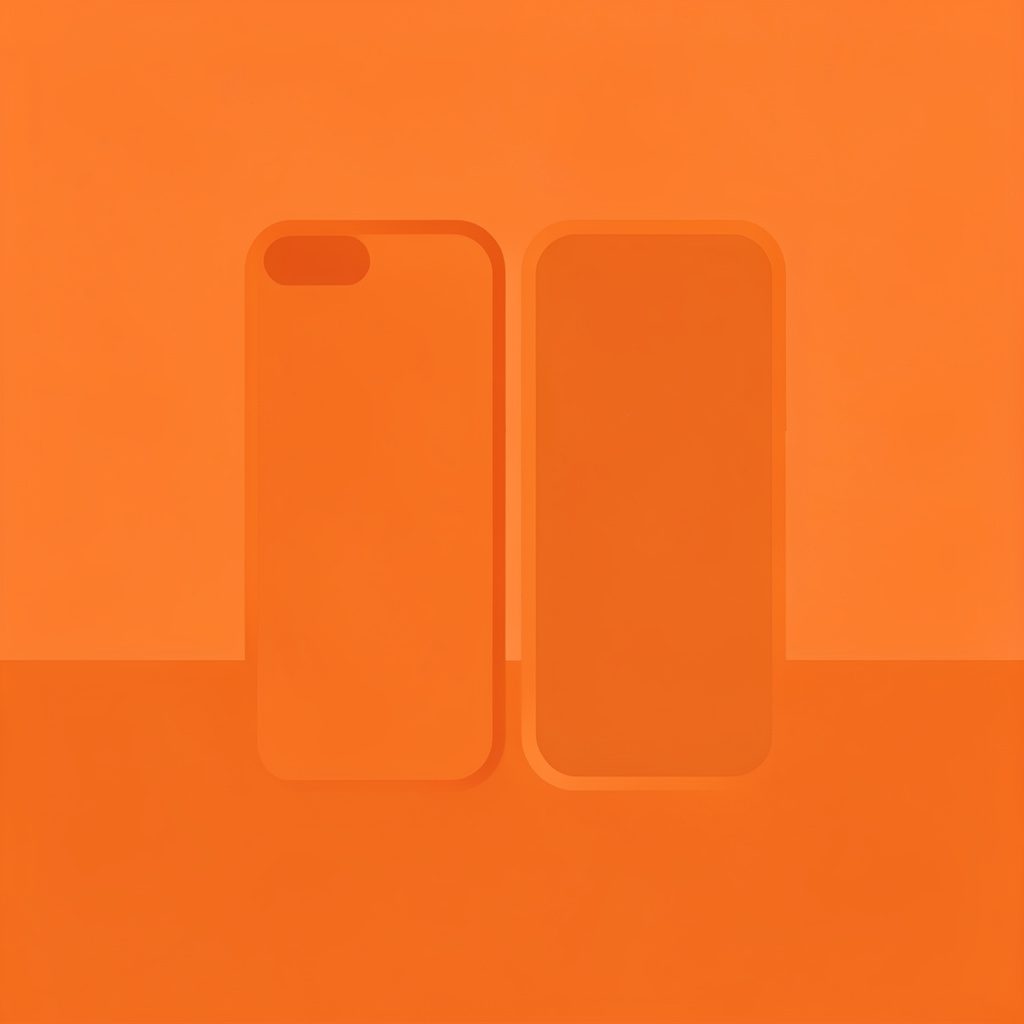 Flat vector illustration of a smartphone camera module in warm orange and charcoal tones, abstract and minimal in style.